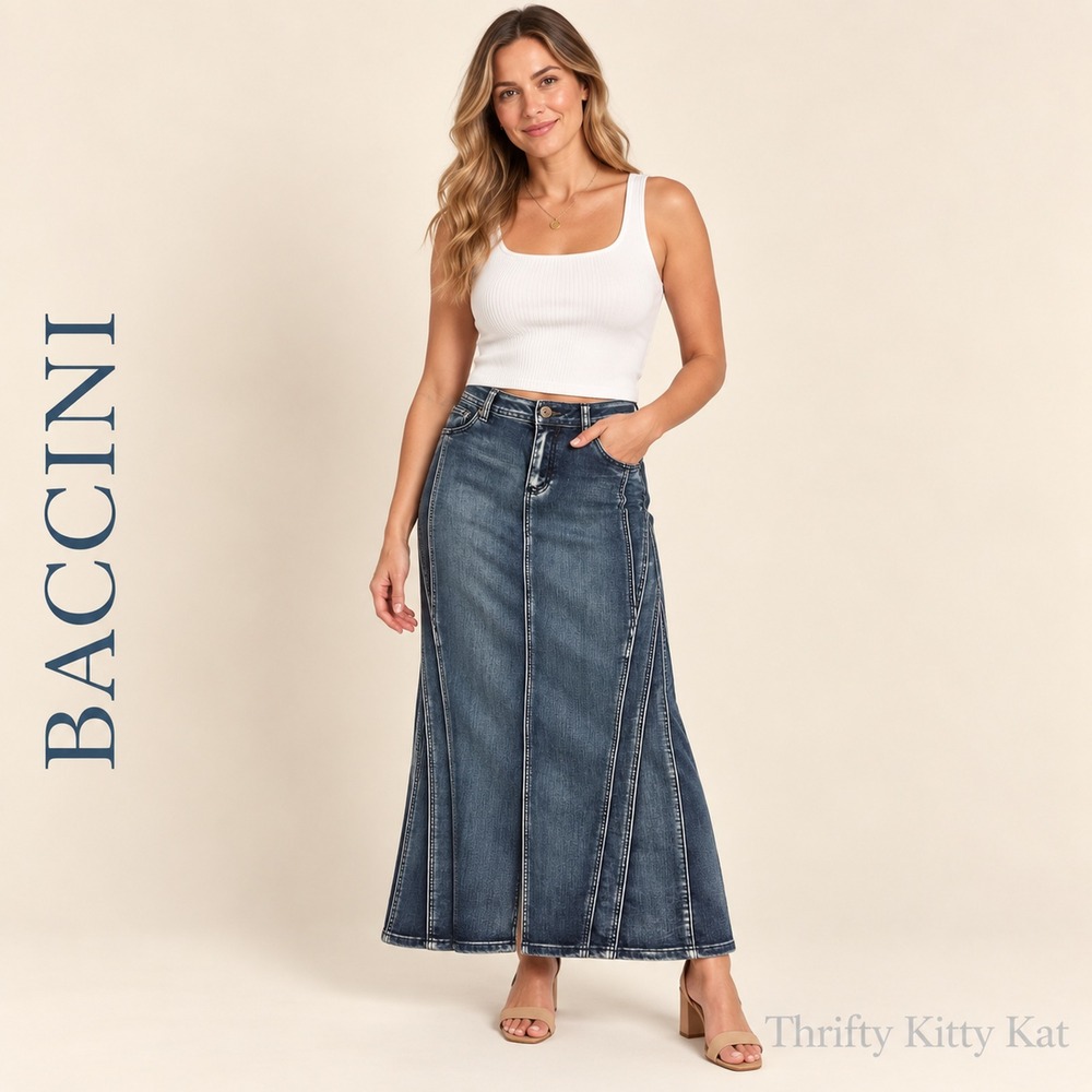 Baccini Stretch Denim Midi Skirt Paneled Flare Contrast Seams Dark Wash Y2K 6